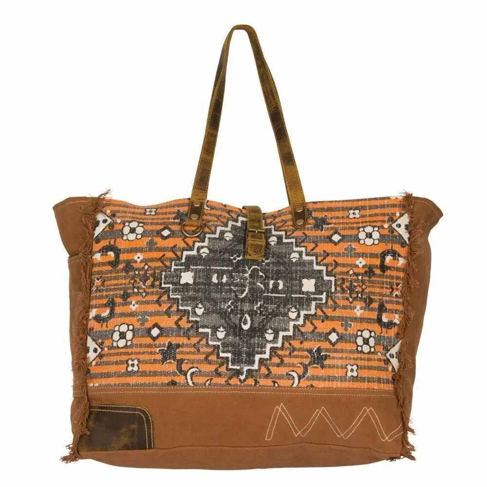 Myra Bag Upcycled Rust Affair Canvas & Cowhide Leather Weekender Bag